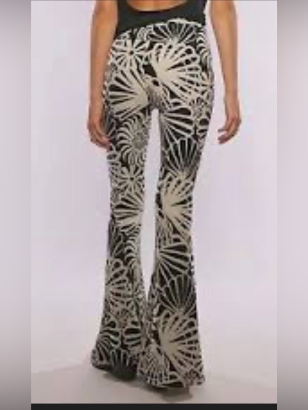 Free People Printed Flare Pants XL Black White Boho Wide Leg Festival NWT